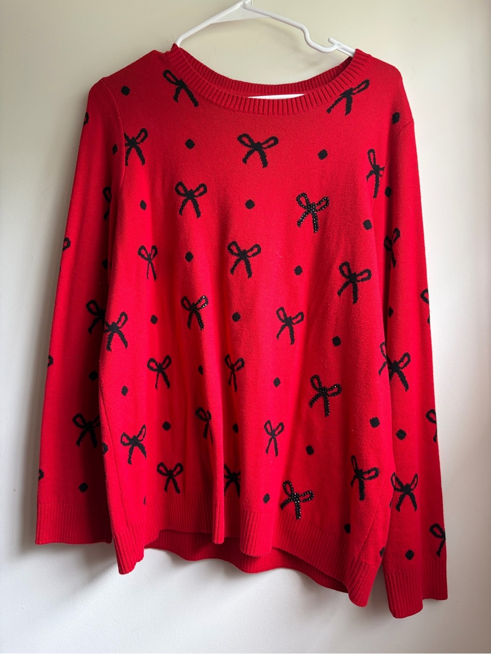 Charter Club Red Bow Polka Dot Crewneck Sweater XL Beaded Sparkle Cozy Coquette